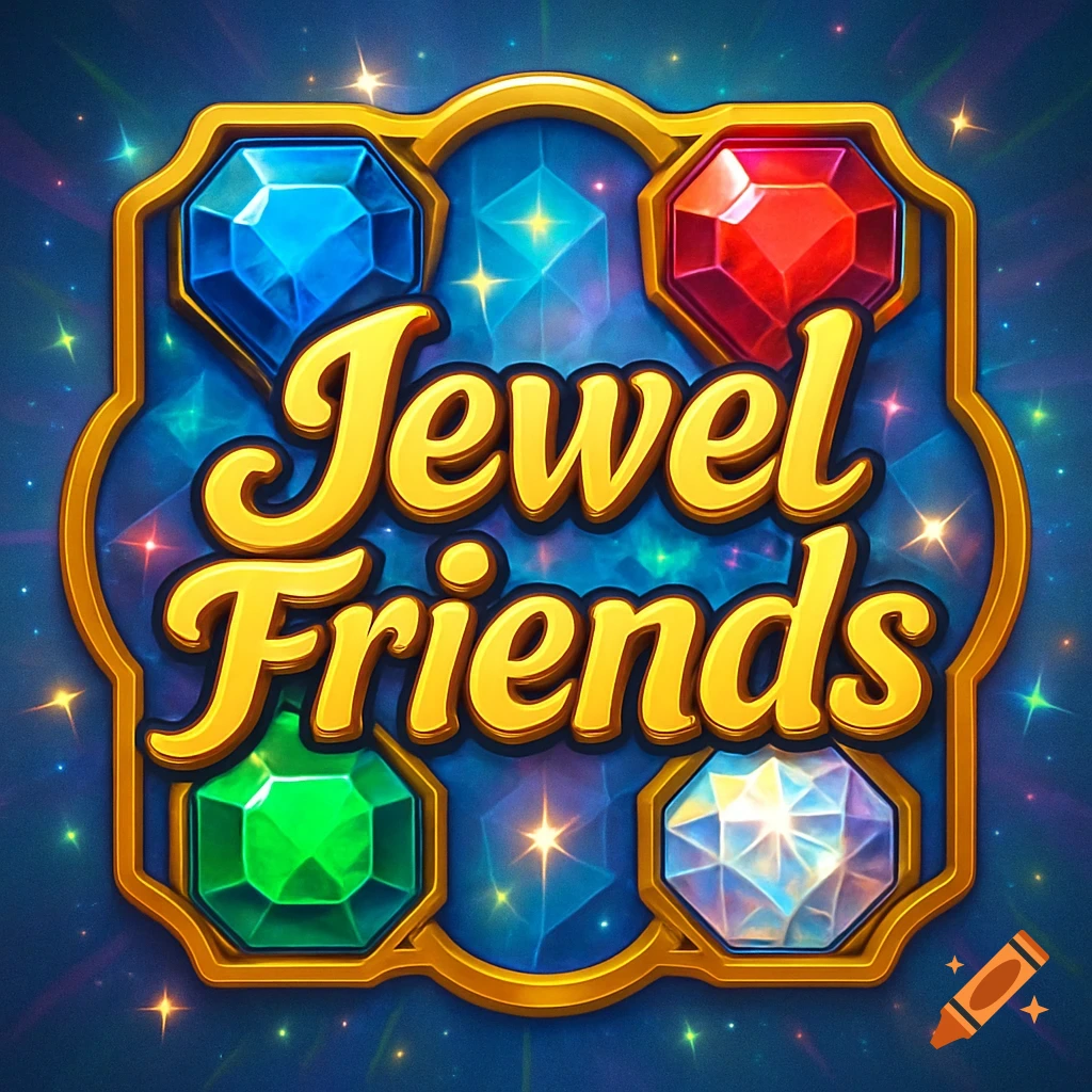 A vibrant game logo for "Jewel Friends" featuring golden text and four colorful faceted gems (blue, red, green, clear) within a gold-framed emblem on a sparkling blue background.