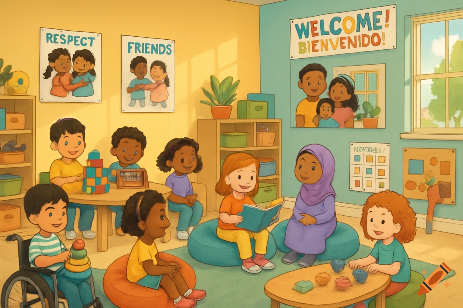 A colorful cartoon illustration of diverse children playing and learning in a bright, inclusive preschool classroom with posters and toys.