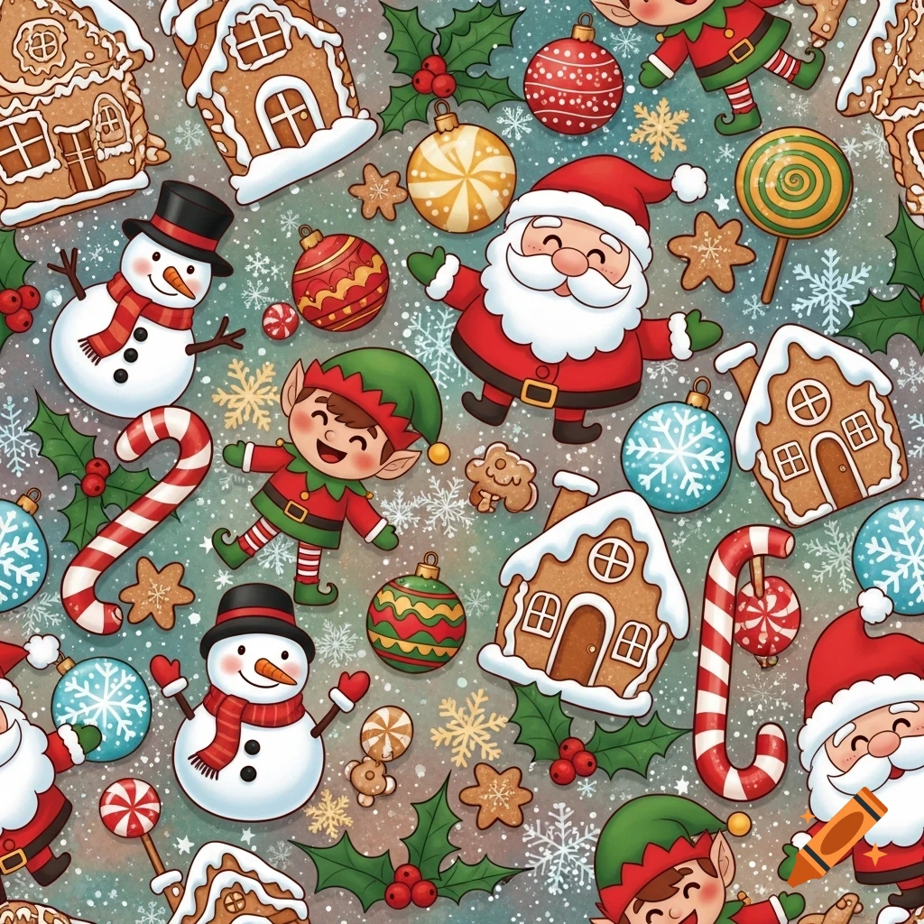 A seamless cartoon Christmas pattern with Santa, elves, snowmen, gingerbread houses, candy canes, and ornaments on a snowy background.
