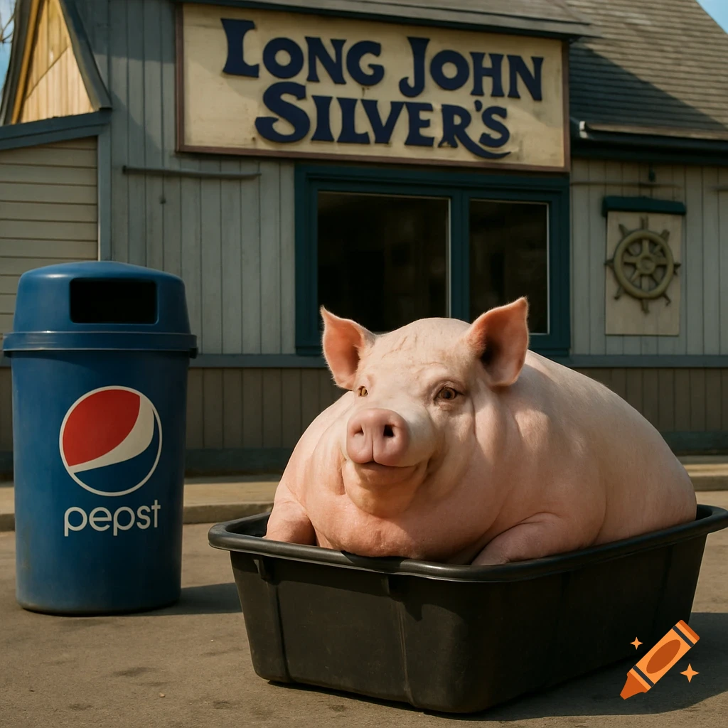 A photorealistic obese pig sits in a black tub near a blue Pepsi trash can outside a Long John Silver's restaurant.