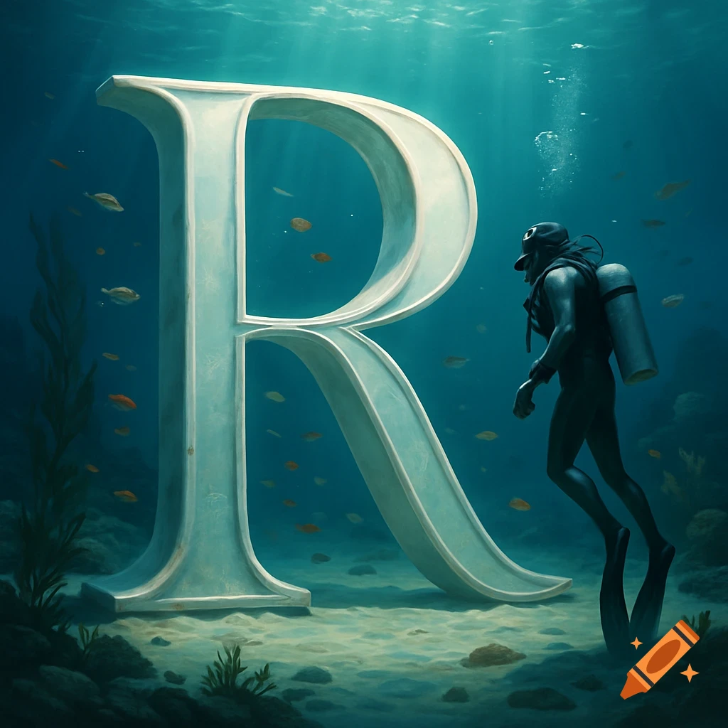 A large, elegant letter R rests on the ocean floor, while a diver in a wetsuit swims beside it amidst fish and plants.