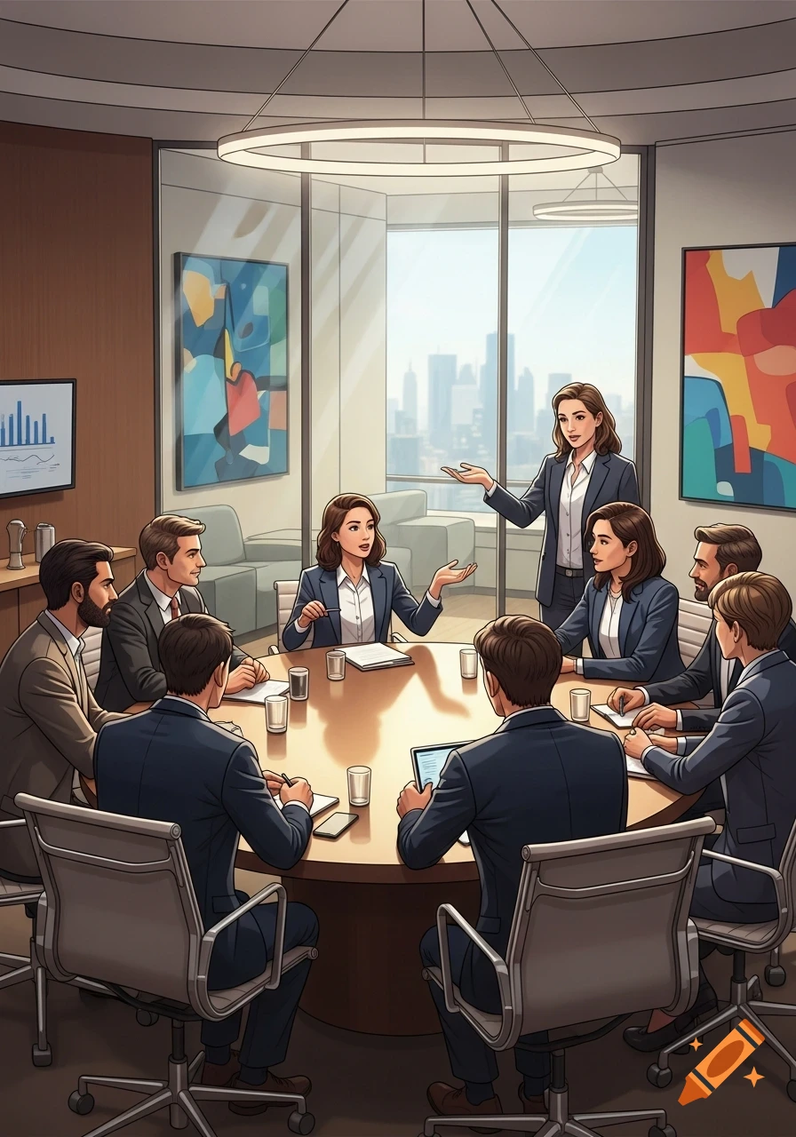 Illustrated business meeting in a modern office, showing a diverse group of people around a round table, with one woman presenting.
