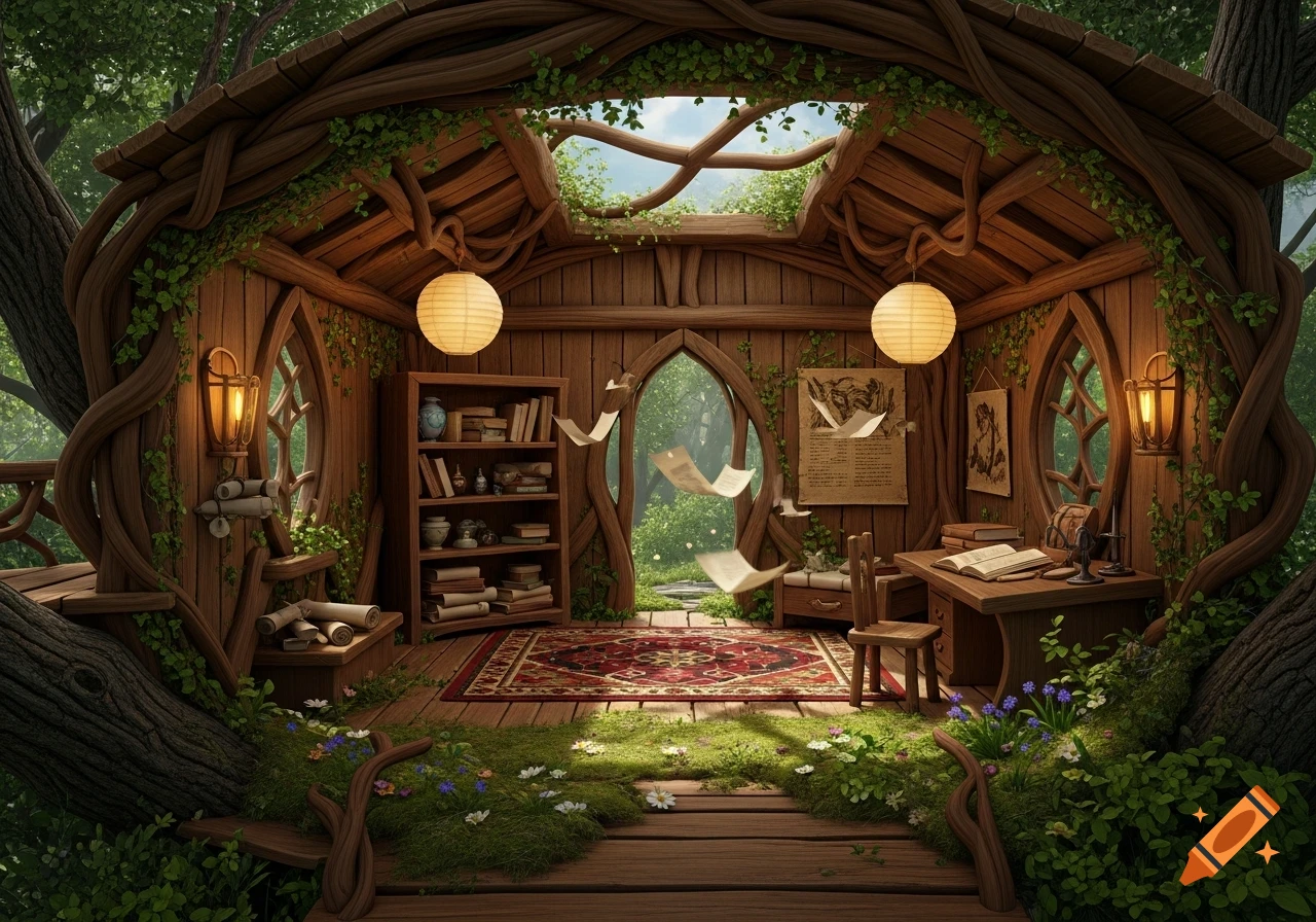 A detailed, magical interior of a wood elf's treehouse cottage, featuring wooden walls, shelves of books, and papers floating.