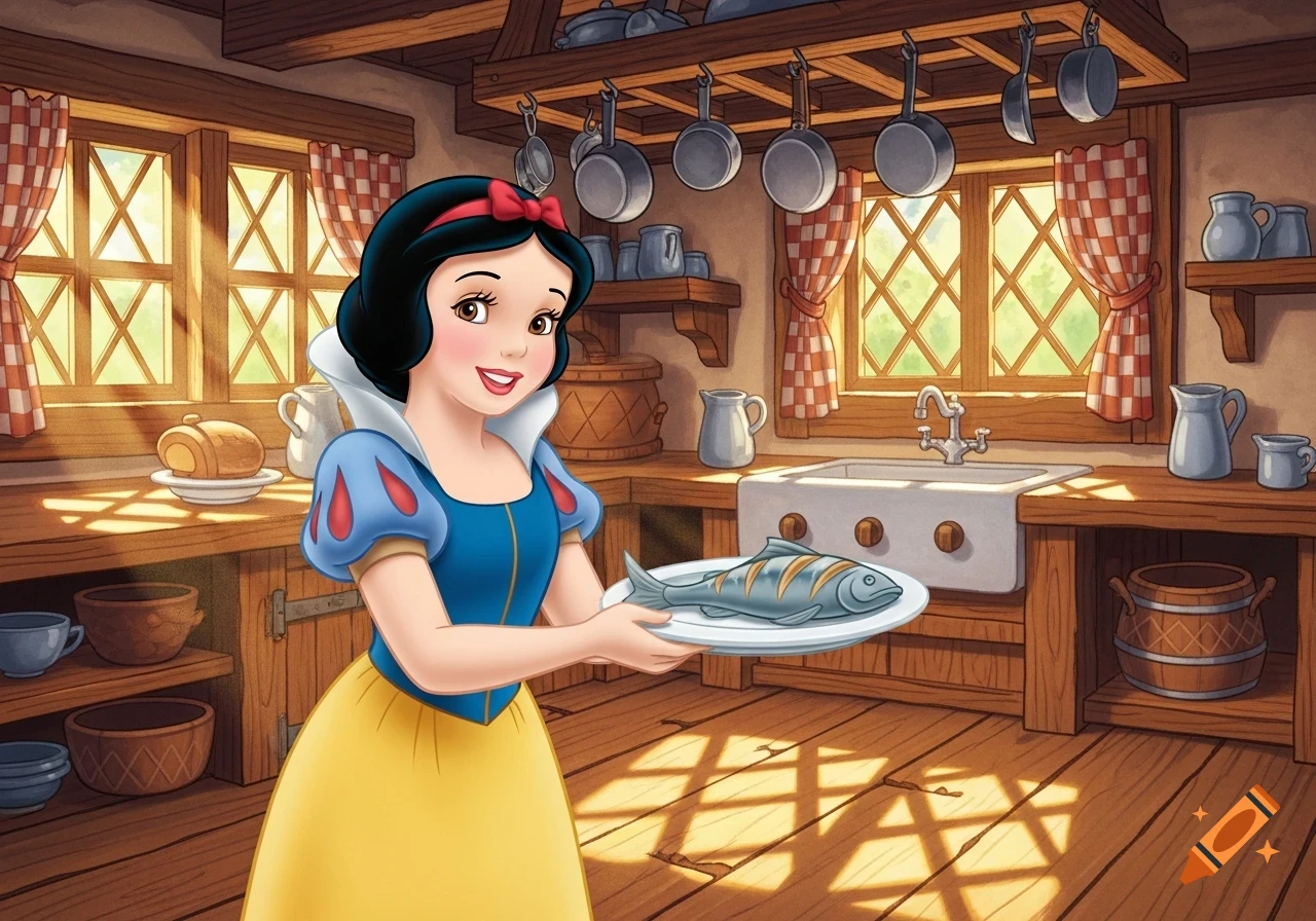 Snow White smiles in a rustic kitchen, holding a plate with a cooked fish, in a hand-drawn animation style.