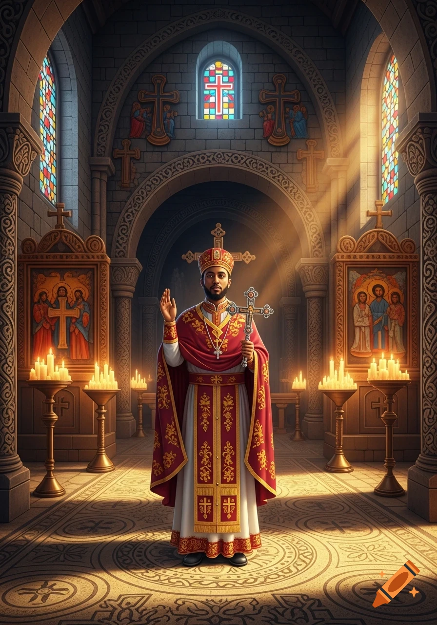A photorealistic Ethiopian Orthodox priest in ornate red and gold vestments, holding a cross, blesses inside a richly decorated church with stained glass windows.