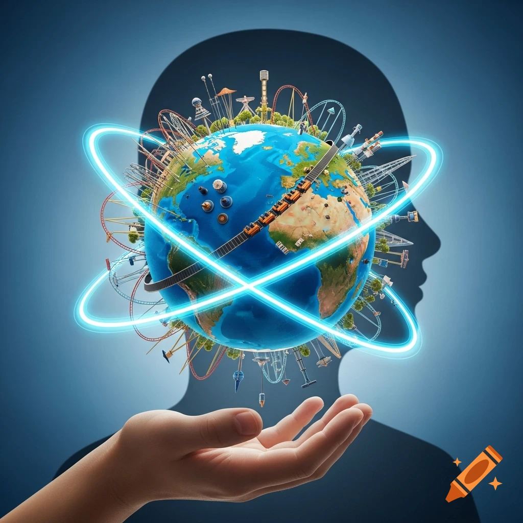 A stylized globe covered in miniature amusement park rides and encircled by glowing blue rings, held by a hand with a head silhouette in the background.