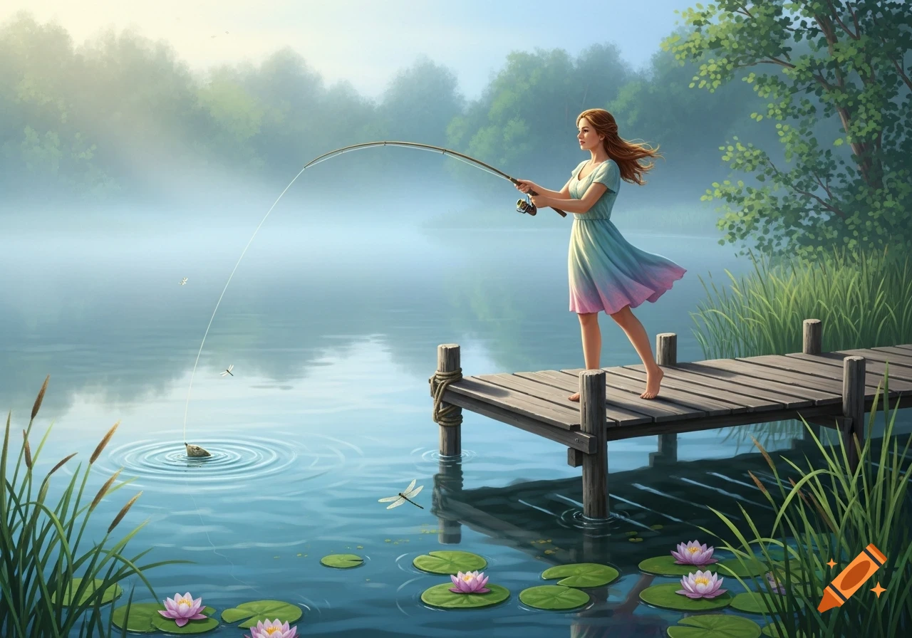 Illustrated serene scene of a young woman fishing barefoot from a wooden dock on a misty lake with lily pads.