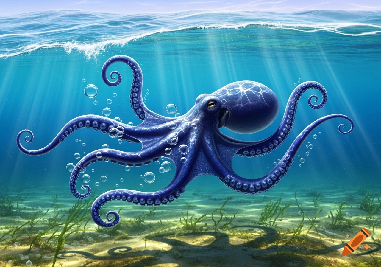 A vibrant blue-purple octopus swims in clear blue ocean water, with light rays piercing through from the surface and green plants on the sandy seabed.