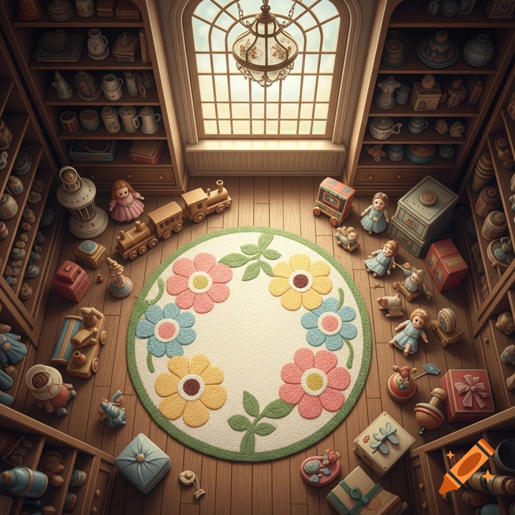 Overhead view of an old toy shop with a round flower rug on a wooden floor, surrounded by various vintage toys and shelves.
