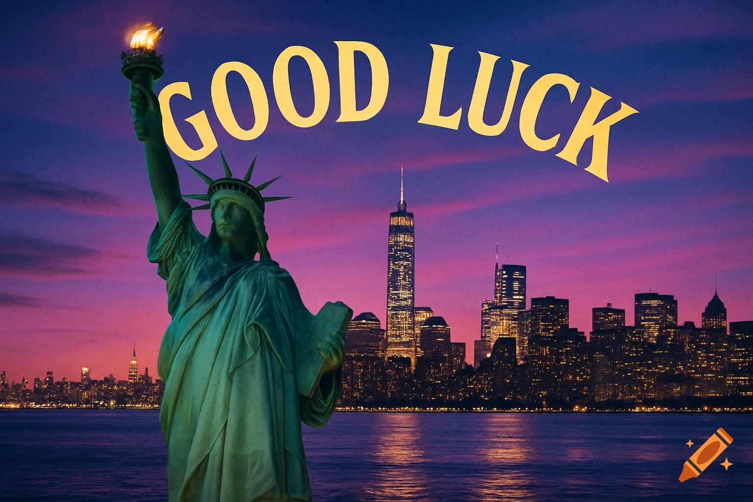 The Statue of Liberty and New York City skyline at sunset with 'GOOD LUCK' text arched in yellow above.