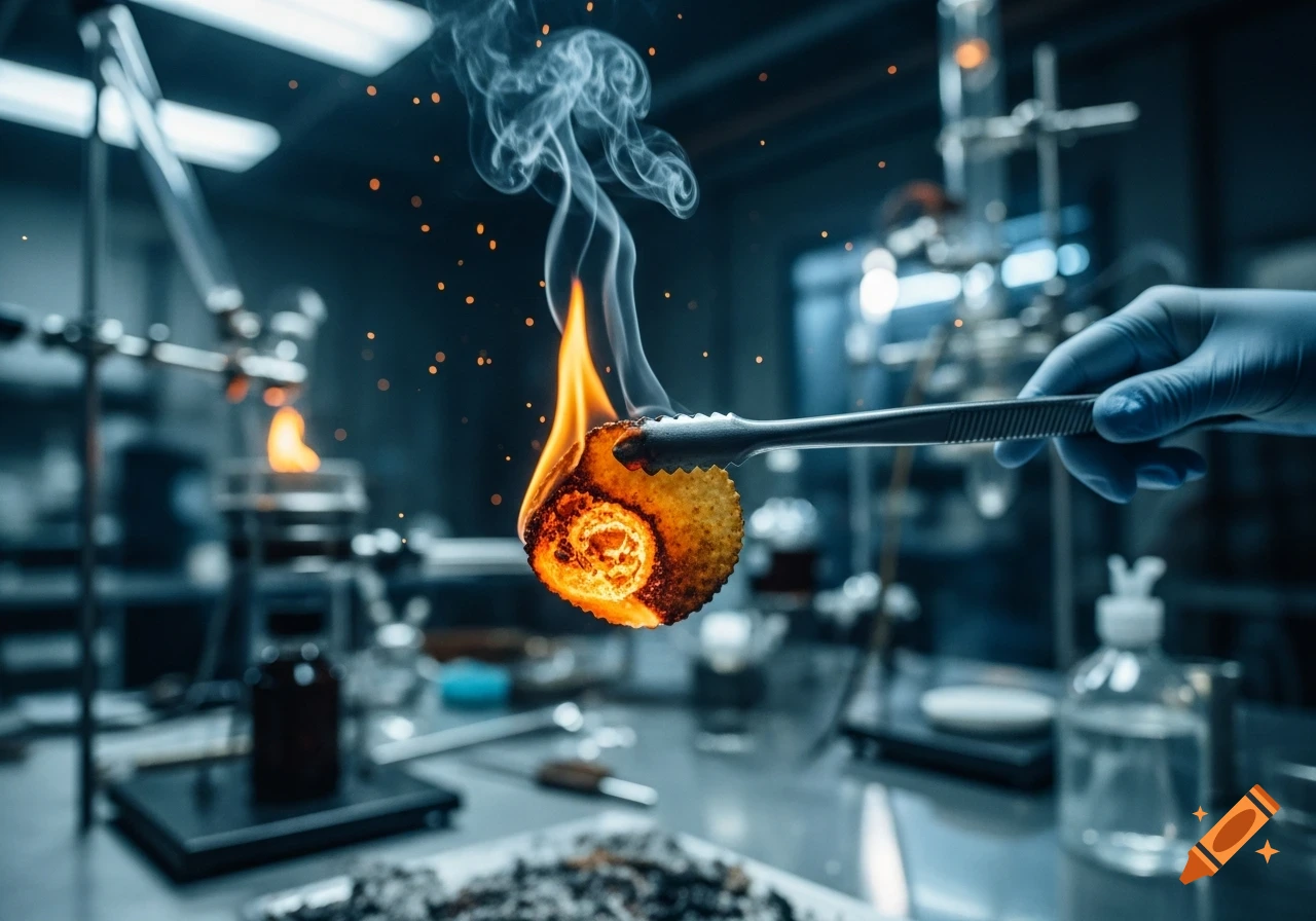 A gloved hand uses tongs to hold a burning, spiral-shaped object amidst smoke and sparks in a dimly lit laboratory.