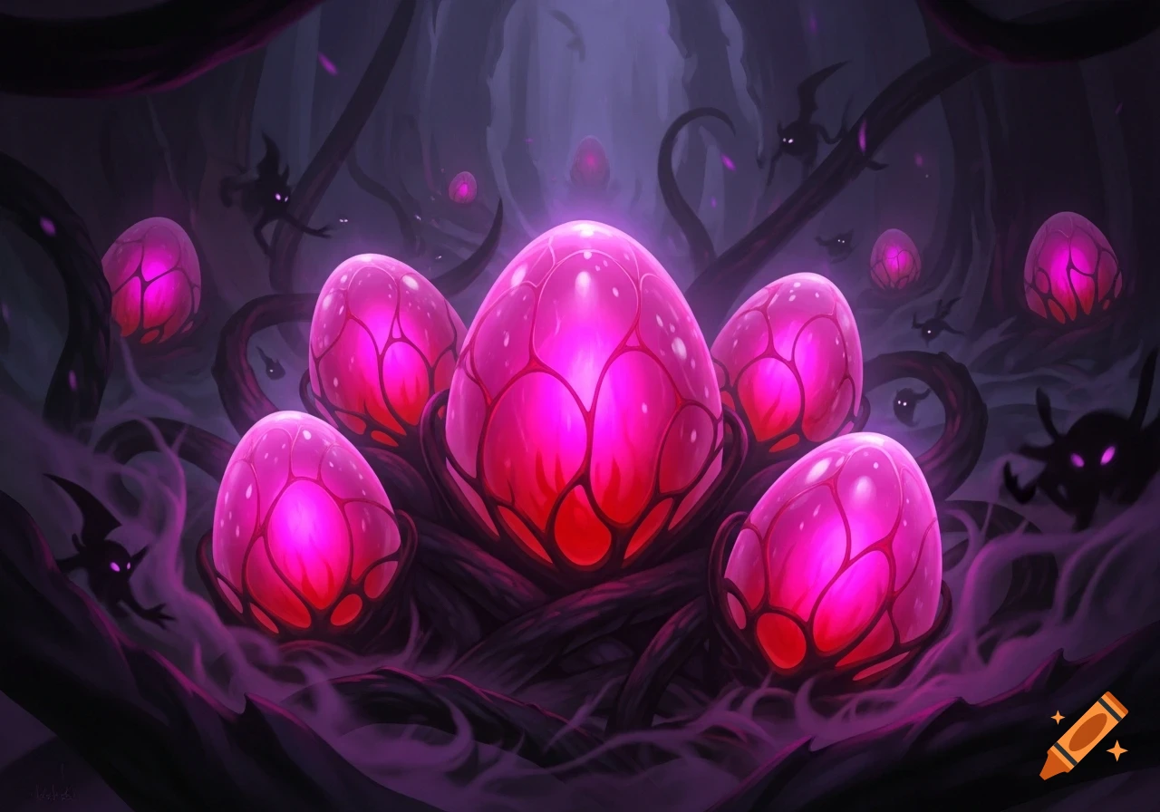 Glowing pink demon eggs nestled in a dark, mystical forest with shadowy, bat-like creatures, digital painting.