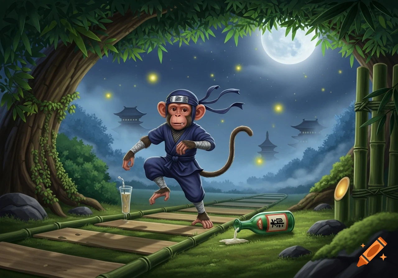 A cartoon ninja monkey runs on a bamboo path at night, with a spilled sake bottle and temples in the misty background.