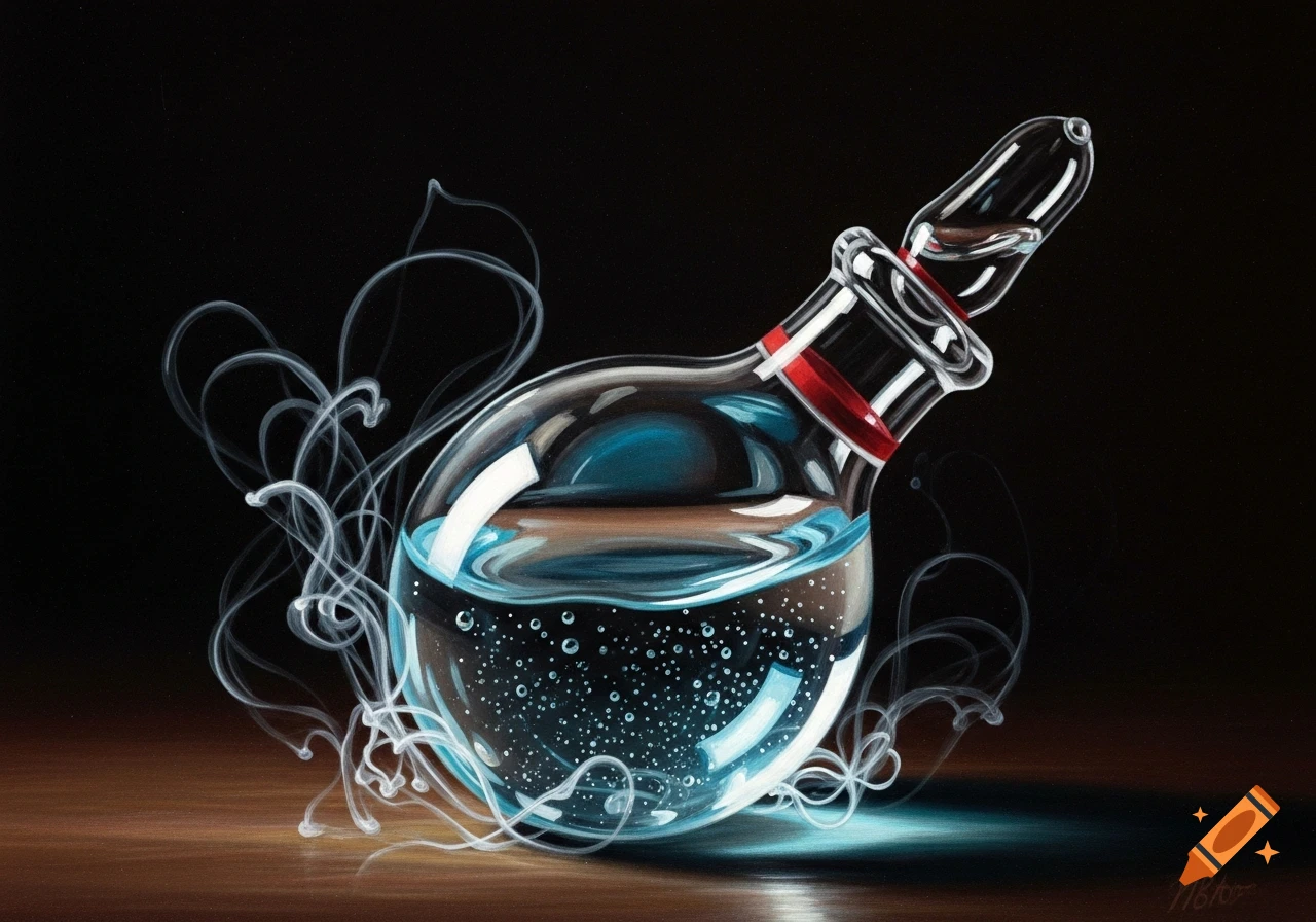 An artistic oil painting of a glass ampoule filled with blue bubbling water, emitting smoke, against a dark background.