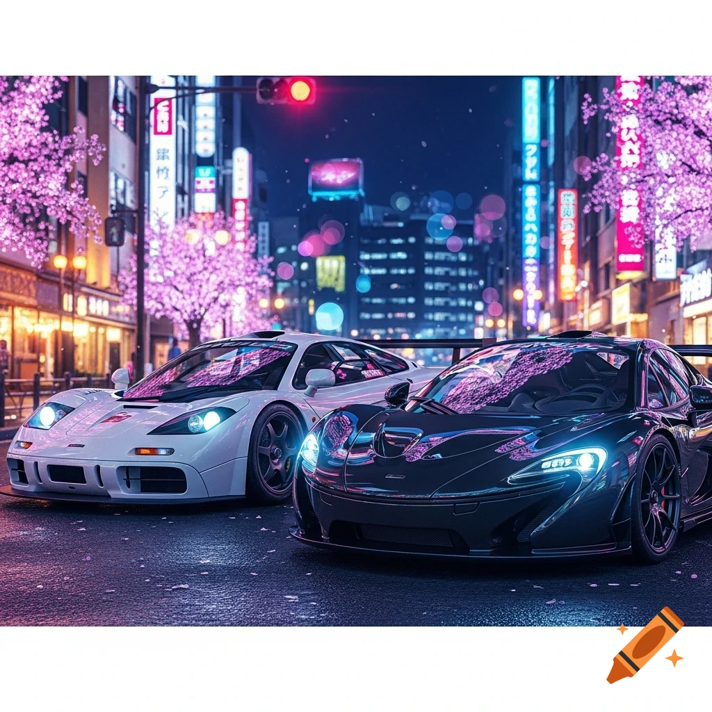 Two high-performance McLaren sports cars, a white F1 GTR and a black P1, parked on a wet street in a neon-lit Tokyo city at night with cherry blossoms.
