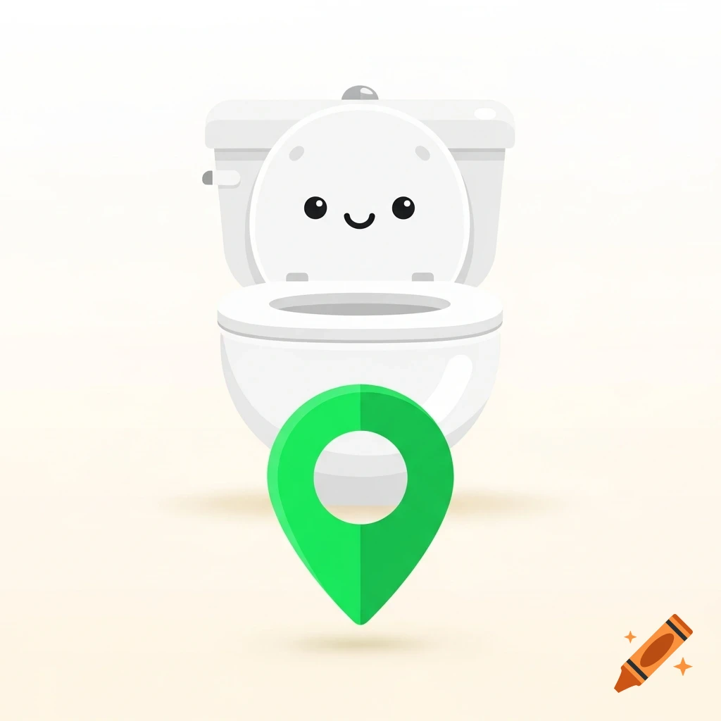 Cute white toilet with a happy face and a green location pin marker, in app icon style.