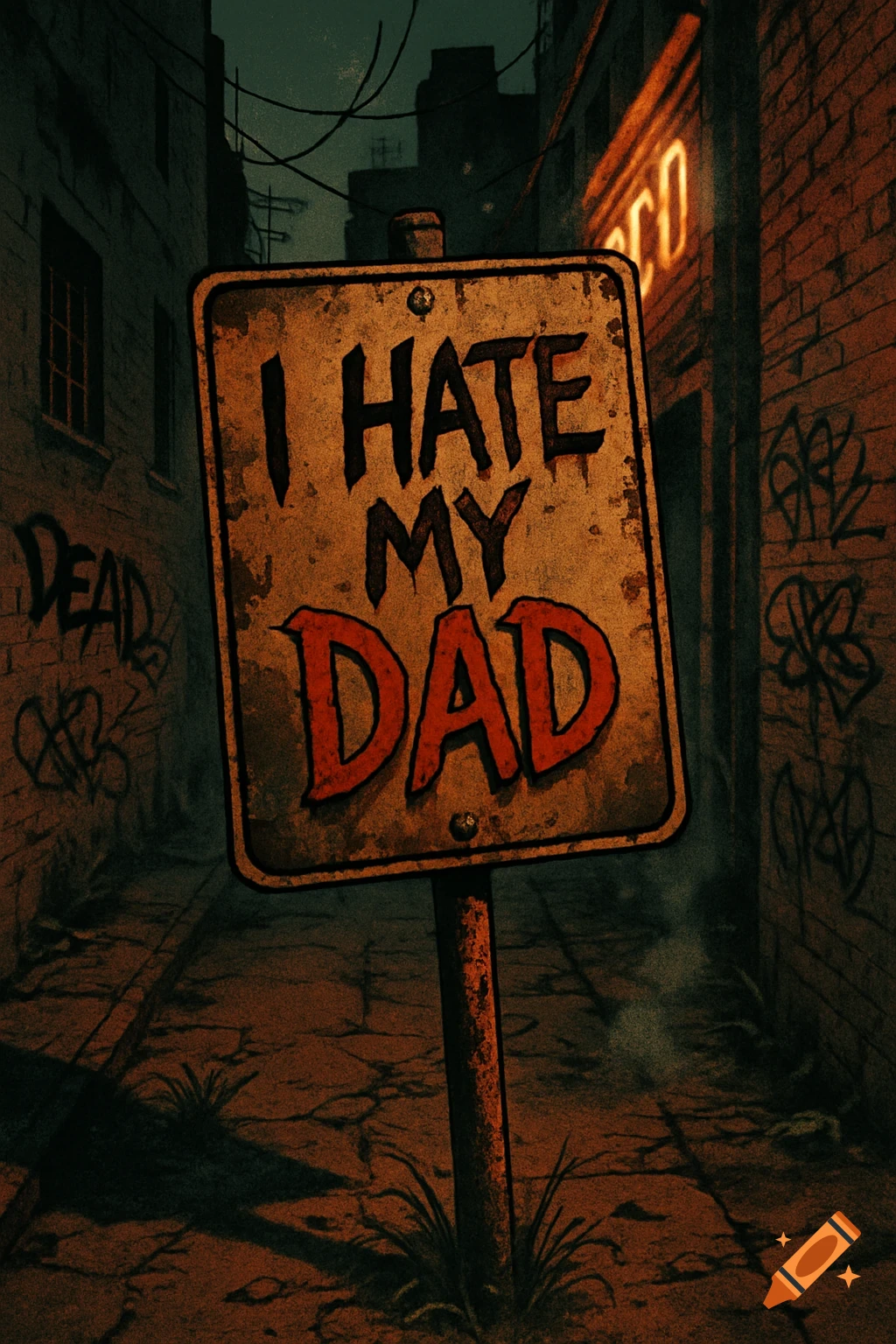 A grunge-style drawing of a rusty sign in a dark, graffiti-covered alleyway that reads 'I HATE MY DAD'.