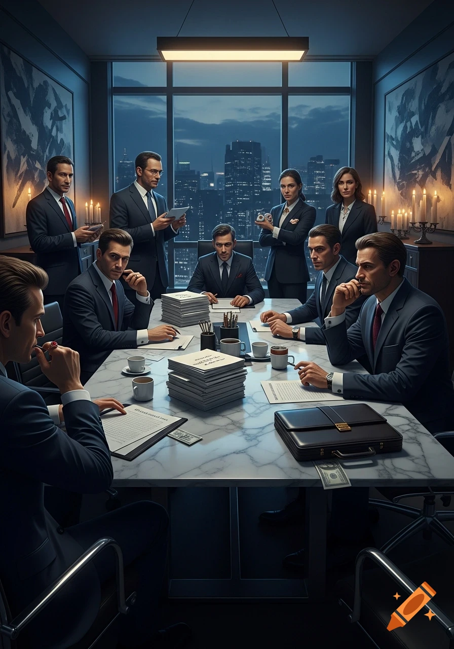 A photorealistic image of nine executives in suits gathered around a marble conference table in a modern office, with a cityscape visible at night. Money is visible under a briefcase.