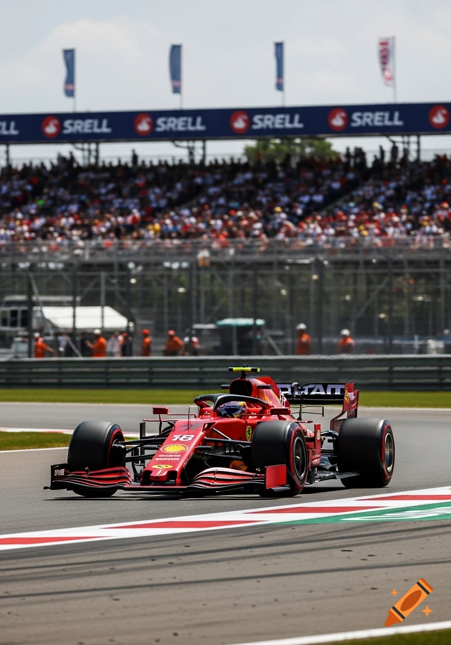 A red Formula 1 racing car with the number 16 speeds along a track, with spectators in the blurred background.