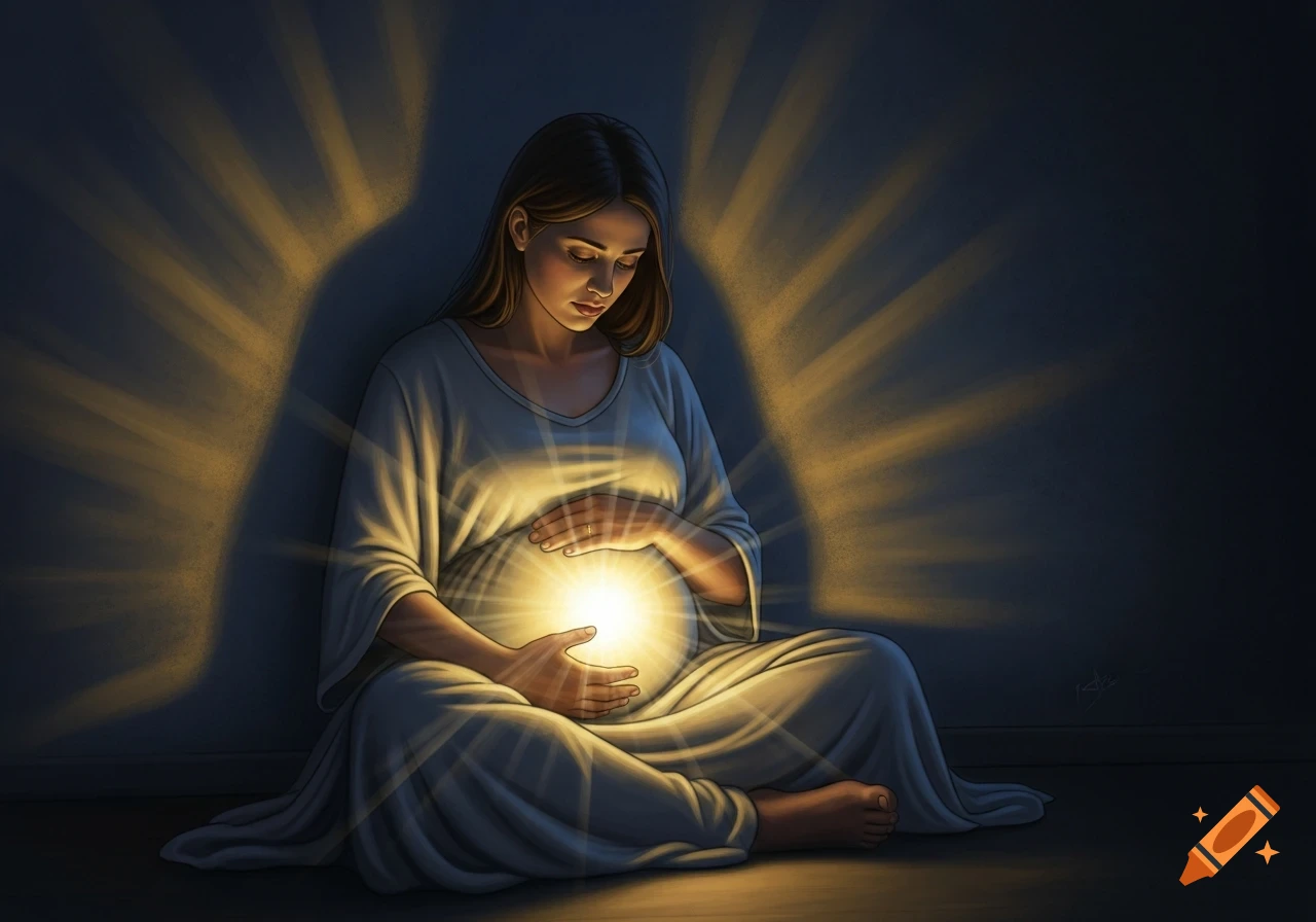 A pregnant woman in a white dress sits cross-legged in the dark, bathed in radiant golden light emanating from her womb.