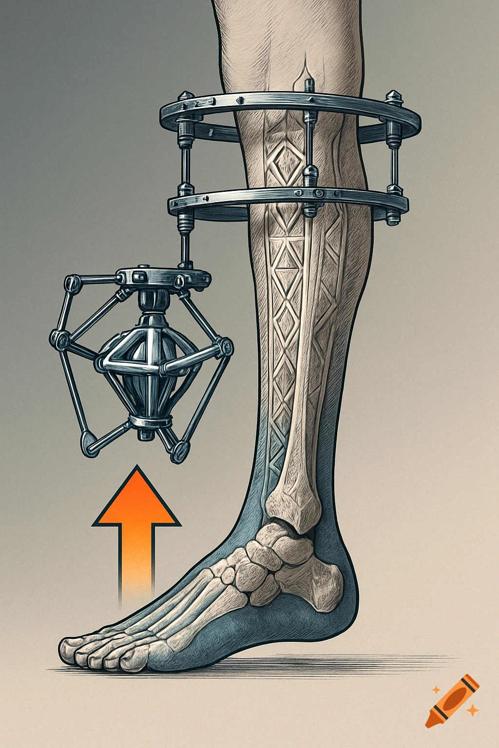 Stylized medical illustration of a human leg with visible bones, an Ilizarov external fixator, a hexapod, and an upward arrow.