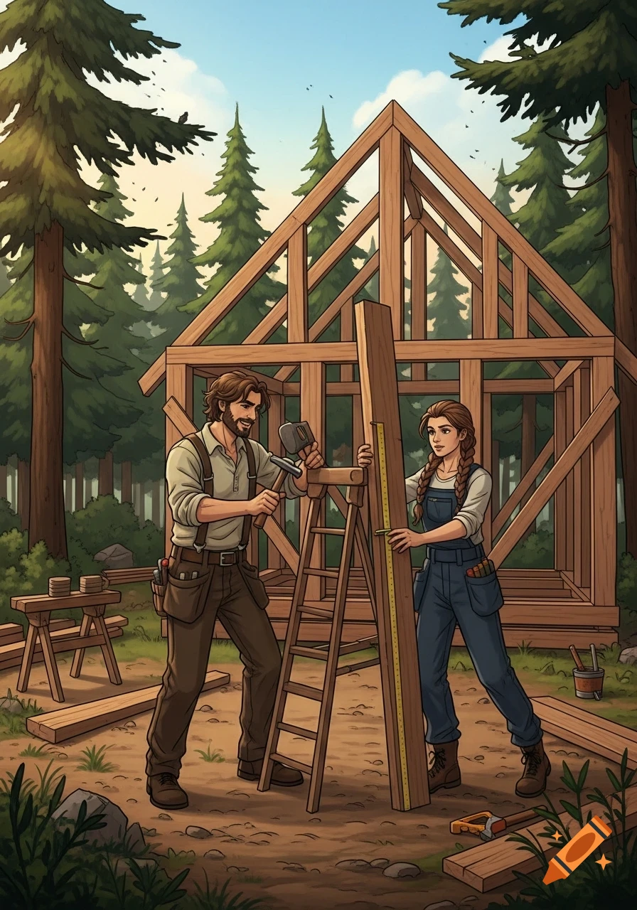 Illustration of a man and a woman building a wooden house frame in a forest setting.