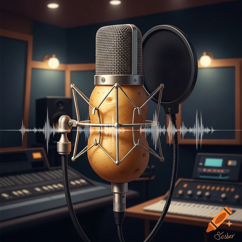 A photorealistic potato forms the body of a condenser microphone in a recording studio, with sound waves floating around.