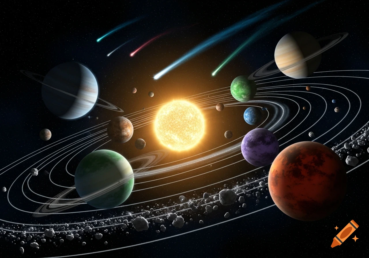 A vibrant solar system scene with a bright sun, multiple planets, some with rings, an asteroid belt, and colorful comets against a starry backdrop.