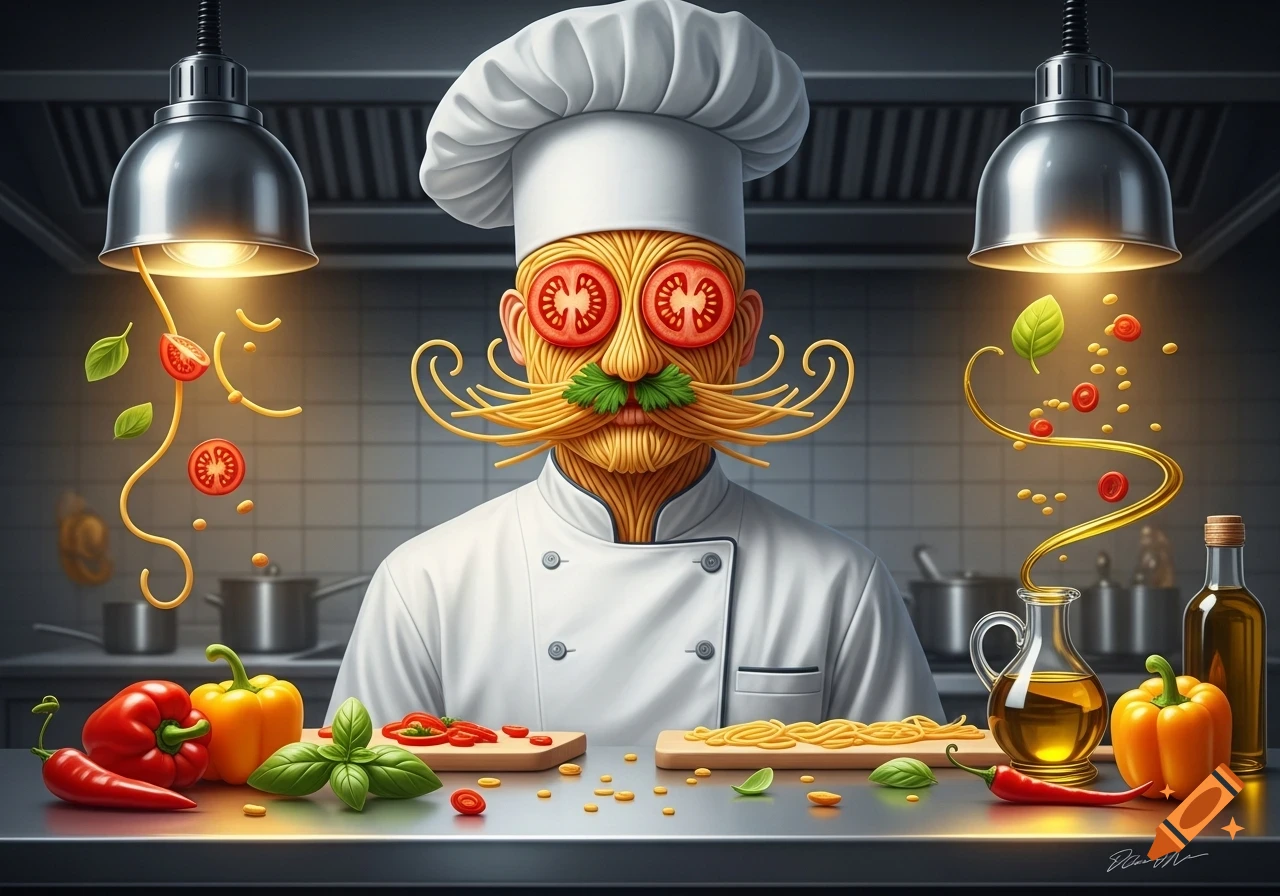 A surreal chef with a face made of spaghetti, tomato slices for eyes, and a basil mustache, stands in a kitchen with vegetables.