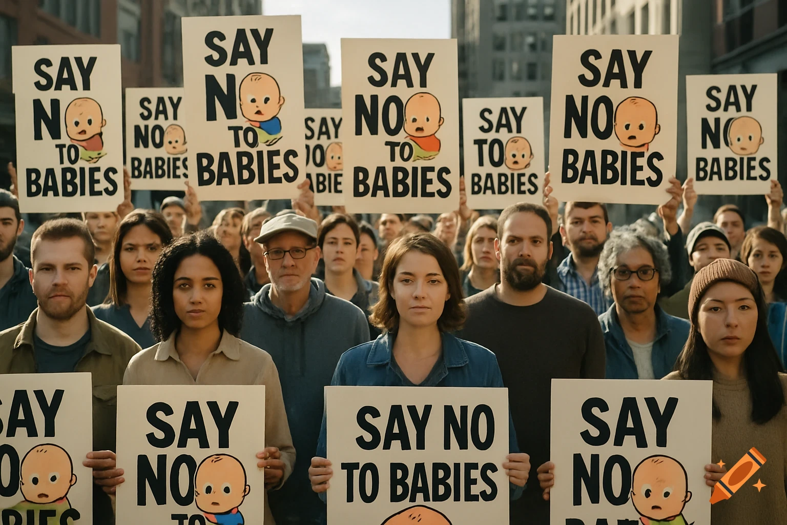 A crowd of diverse people holding protest signs that read "SAY NO TO BABIES" with a drawing of a baby, in a city street.