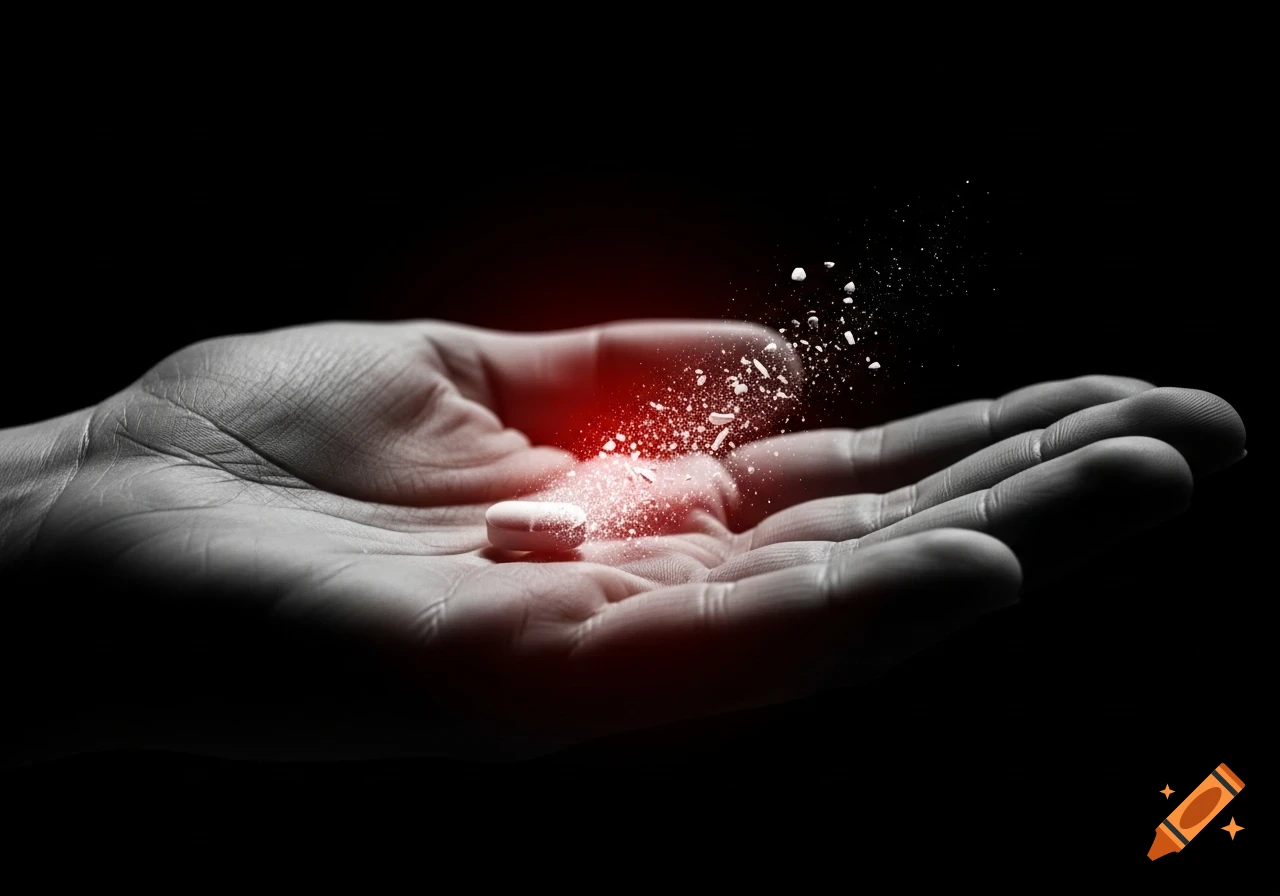 A black and white human hand holds a crumbling pill emitting a red glow, in a minimalistic, high-contrast style.