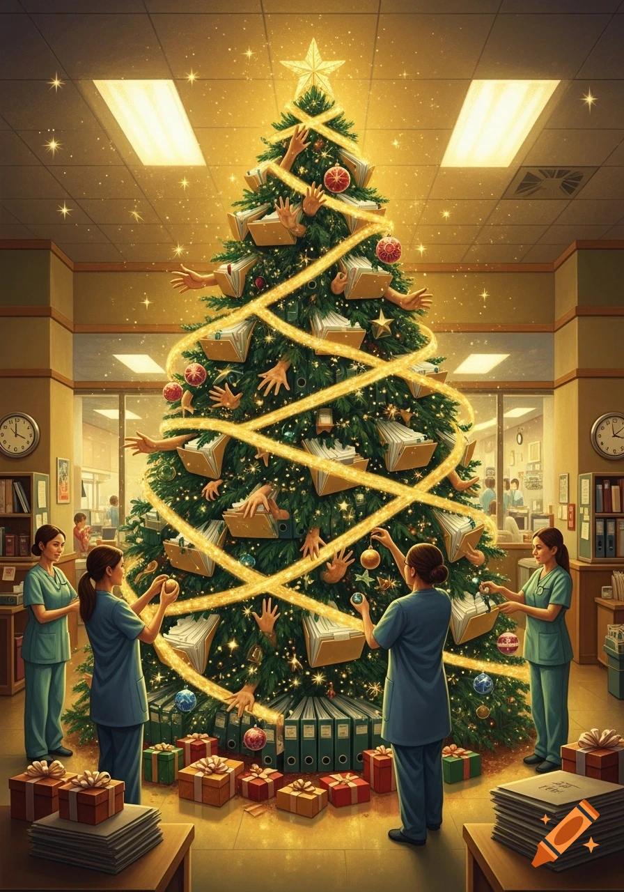 A surreal Christmas tree in a hospital records department, made of file folders and many disembodied hands, with staff placing ornaments.