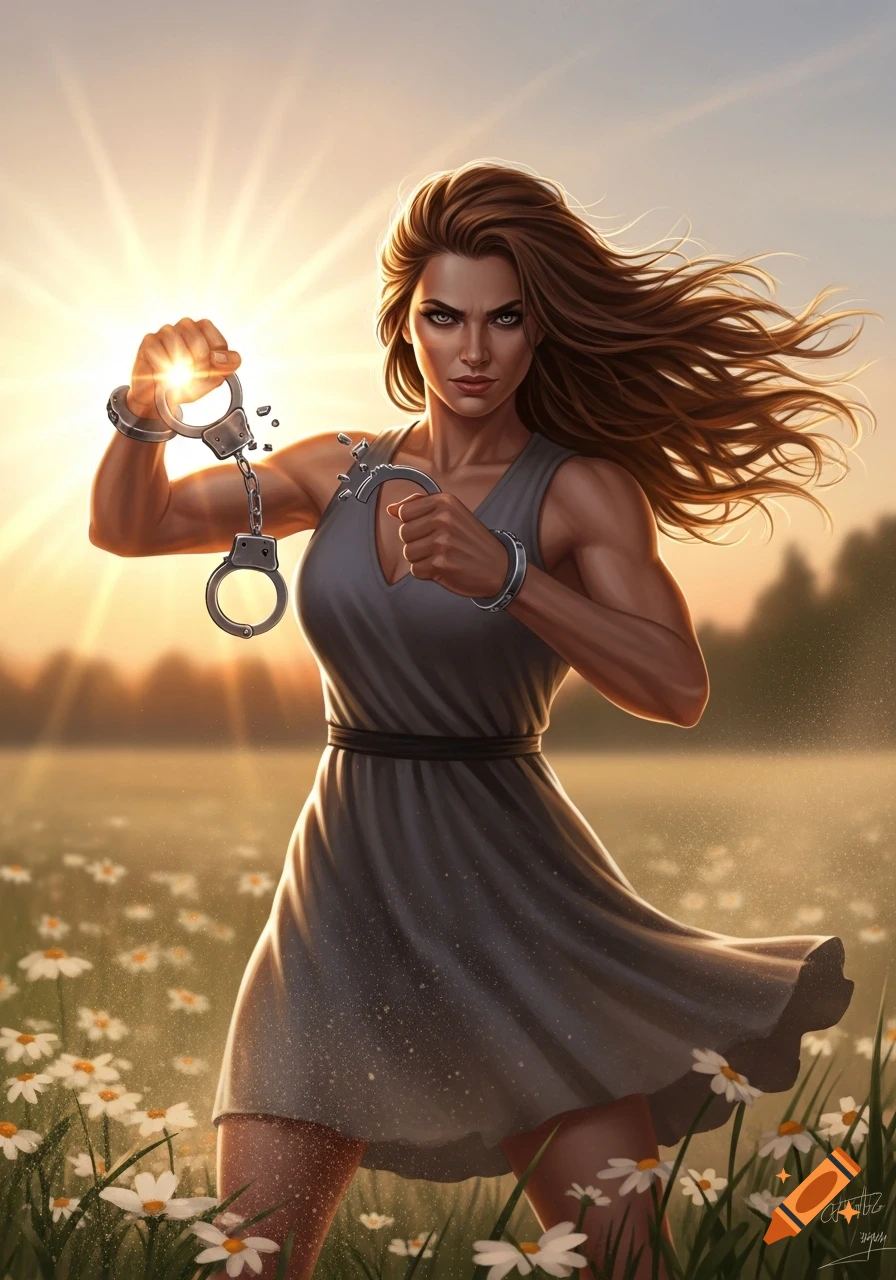 A strong woman with long flowing hair, breaking metal handcuffs in a sunlit field of white flowers, digital art.