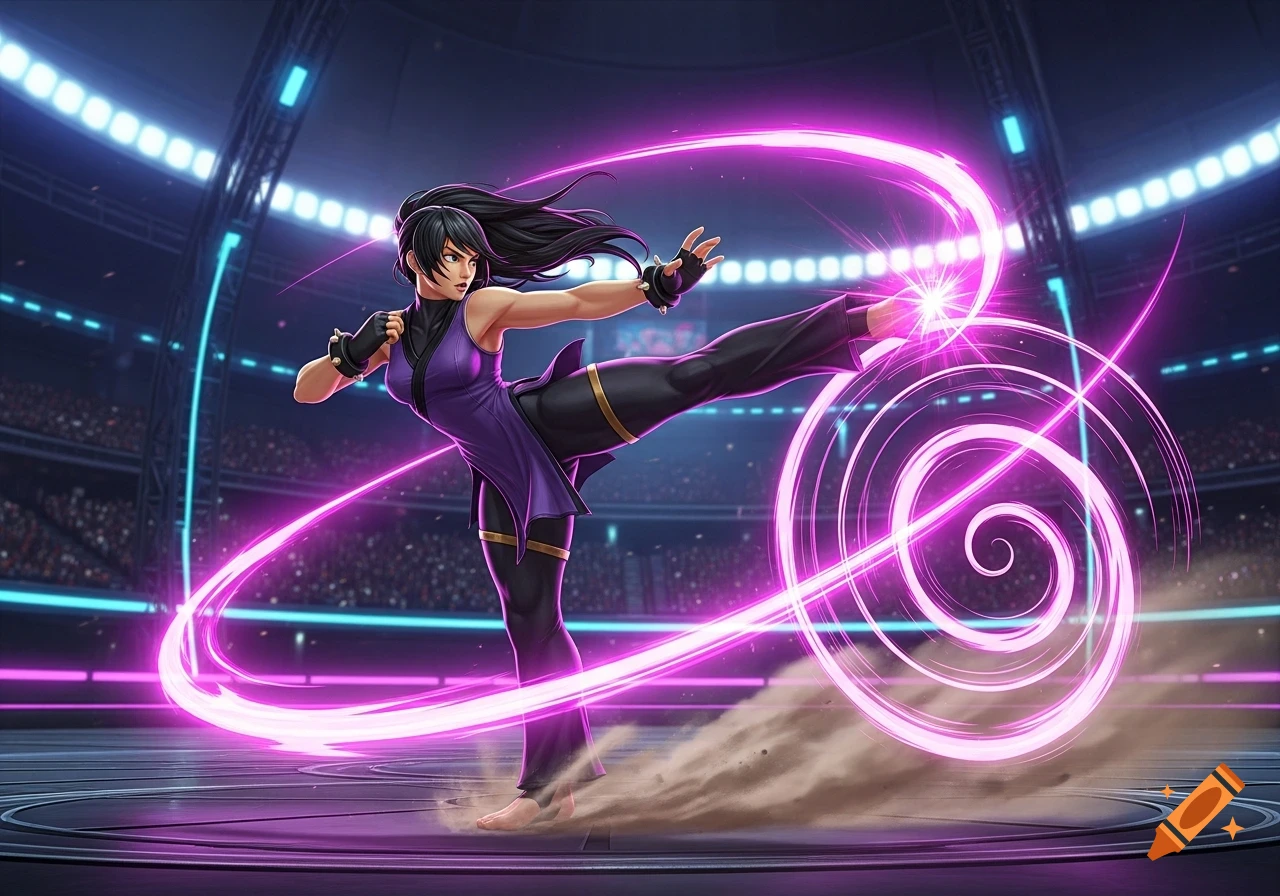 Anime-style female martial artist in a purple outfit performs a powerful high kick with glowing purple energy trails in a futuristic arena.