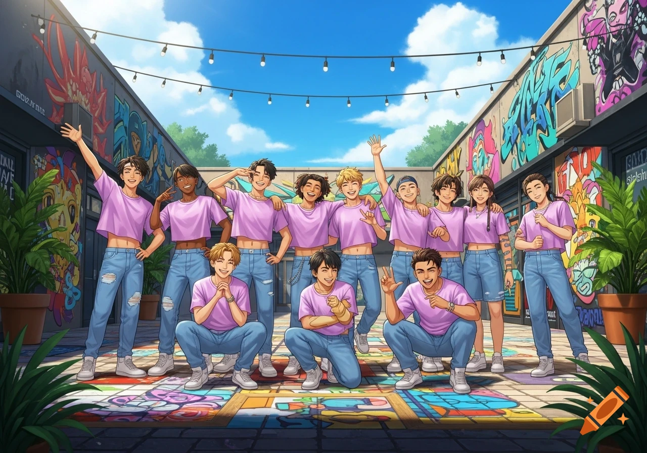 A group of ten young people in anime style, wearing lilac crop tops and light blue jeans, posing in a graffiti-filled urban alley.
