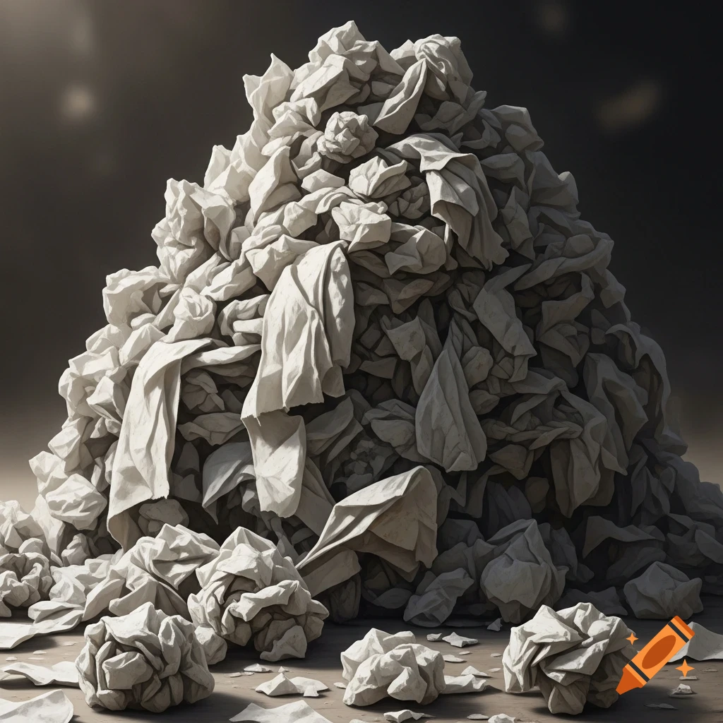 A large, photorealistic, chaotic pile of crumpled white paper or cloth with scattered pieces on a dark background.