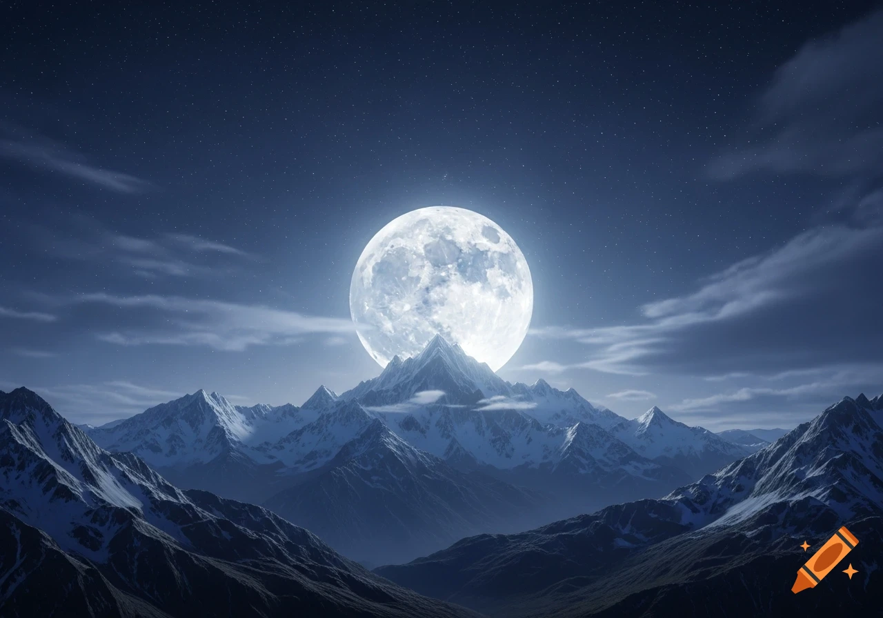 A large, bright full moon glows above snow-capped mountain peaks under a dark, starry night sky with wispy clouds.