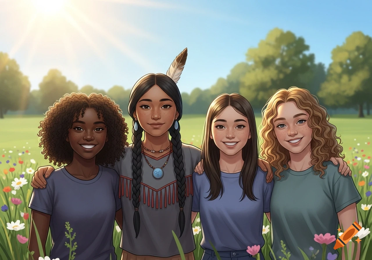 Four smiling girls of diverse ethnicities stand together in a sunny, flowery field, cartoon style.