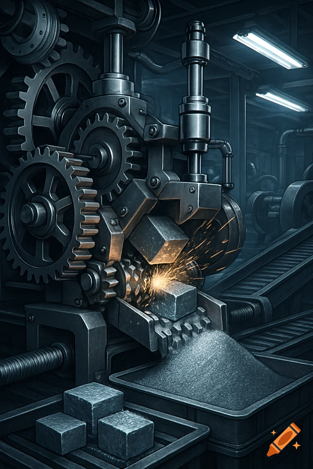 A detailed, dark industrial machine with large gears crushes metal cubes into powder, sparks flying.