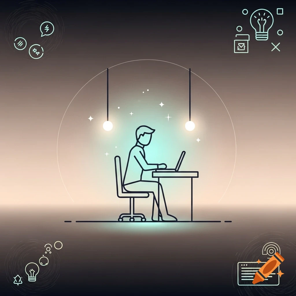 A stylized line art illustration of a person working on a laptop at a desk, surrounded by floating icons.
