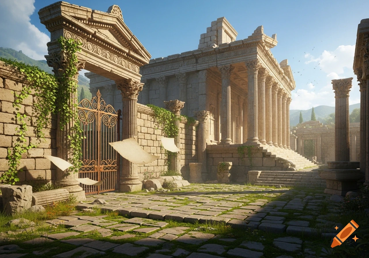 A photorealistic image of ancient stone ruins, including a temple with columns and a wrought-iron gate, under a clear blue sky.