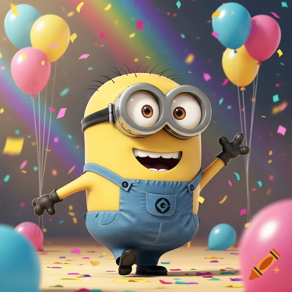 A happy Minion character in overalls stands amidst colorful confetti and balloons, with a rainbow in the background.