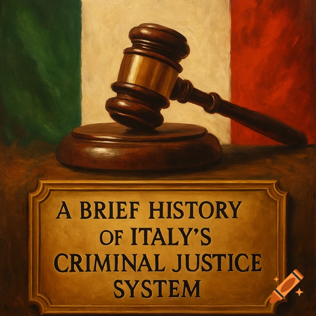 A wooden gavel on a stand in front of an Italian flag, with a gold plaque inscribed "A Brief History of Italy's Criminal Justice System".
