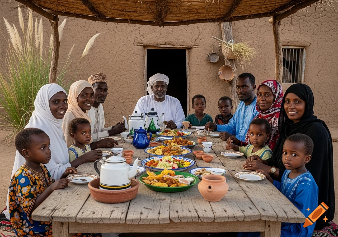 A photorealistic image of a large Sudanese family, men, women, and children, dining outdoors at a rustic table with food and tea.