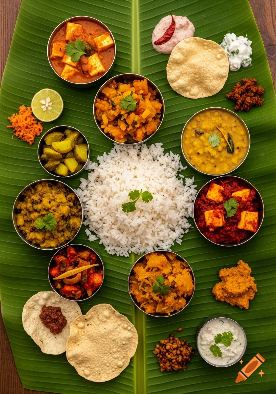 An overhead shot of a vibrant Indian meal served on a green banana leaf, featuring various curries, rice, papad, and condiments.
