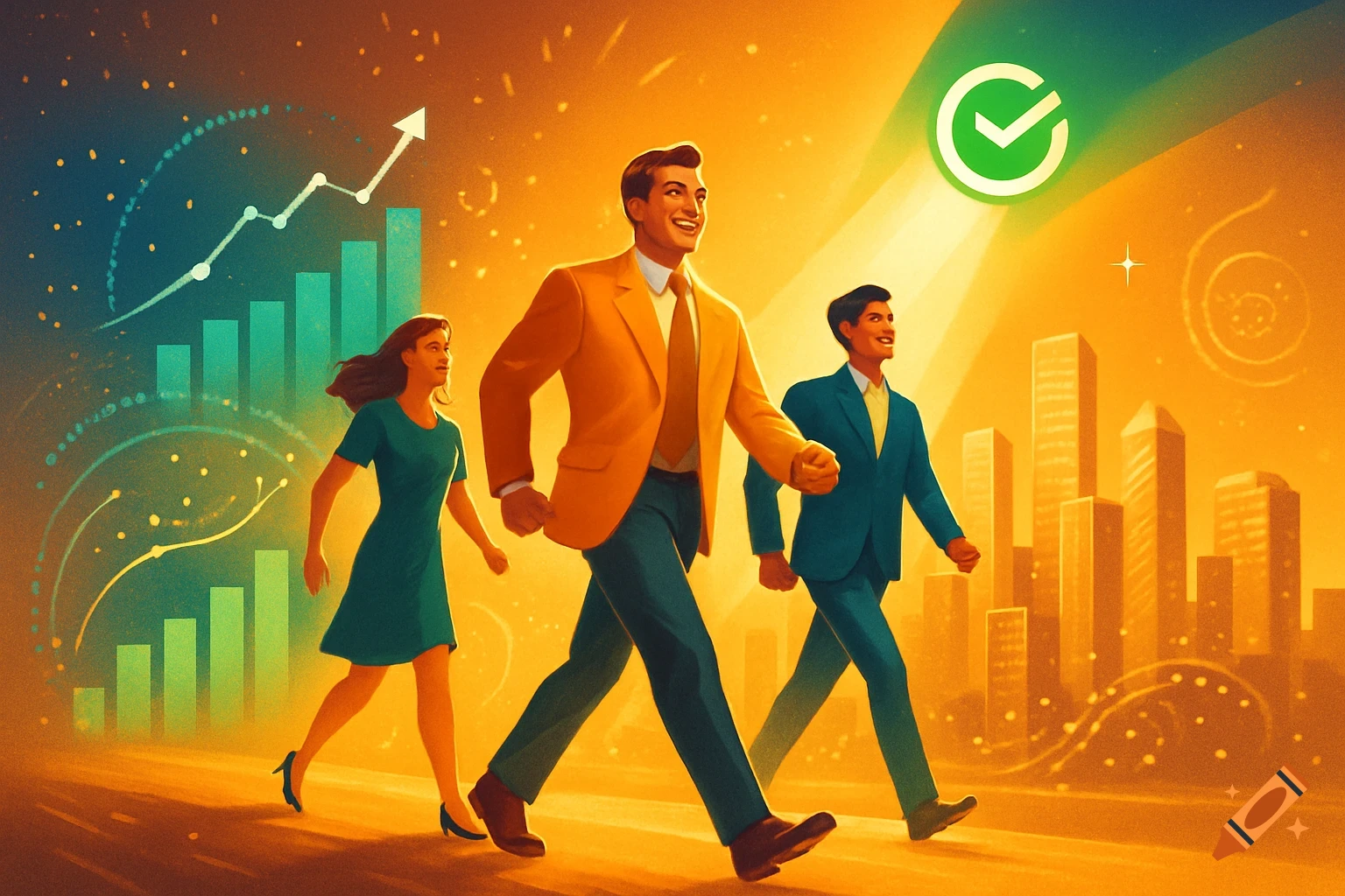 A stylized illustration of three diverse business people confidently walking forward on a path, with a background featuring rising bar charts, a growing line graph, a city skyline, and a prominent green checkmark symbol, against a vibrant orange and teal gradient.