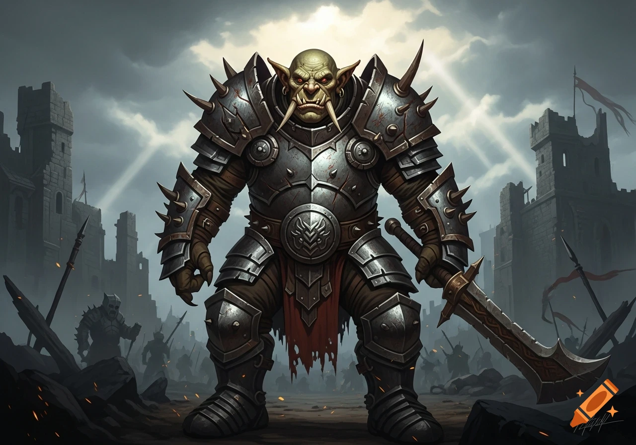 A heavily armored orc warrior with tusks stands in a ruined battlefield with castles in the background, holding a sword.