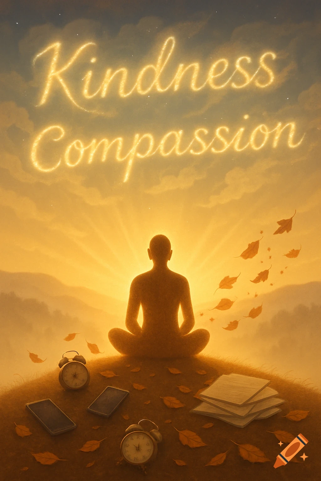 A silhouetted person meditates on a hill at sunset, with 'Kindness Compassion' glowing in the sky. Alarm clocks, phones, and papers lie scattered around.