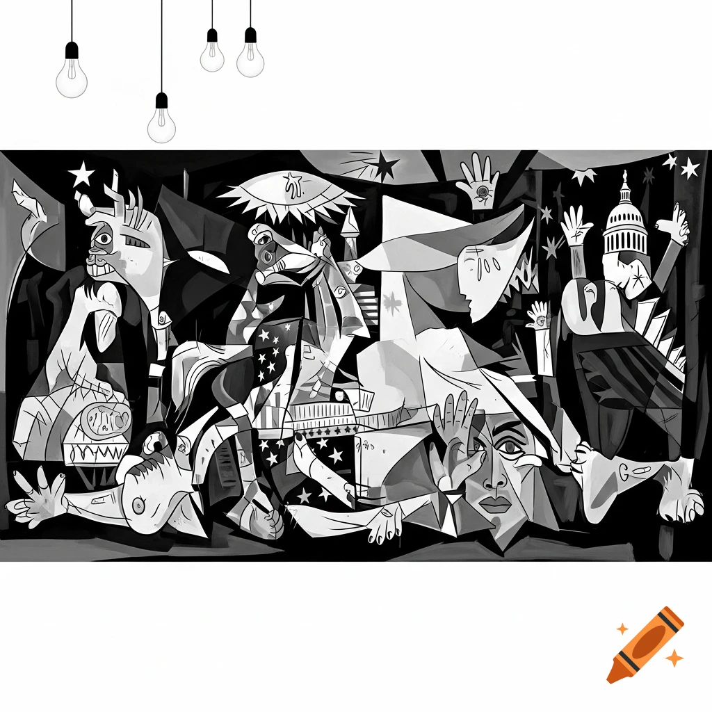 A monochrome cubist painting in the style of Guernica, depicting distorted figures and symbols in a scene of turmoil, with light bulbs hanging above.