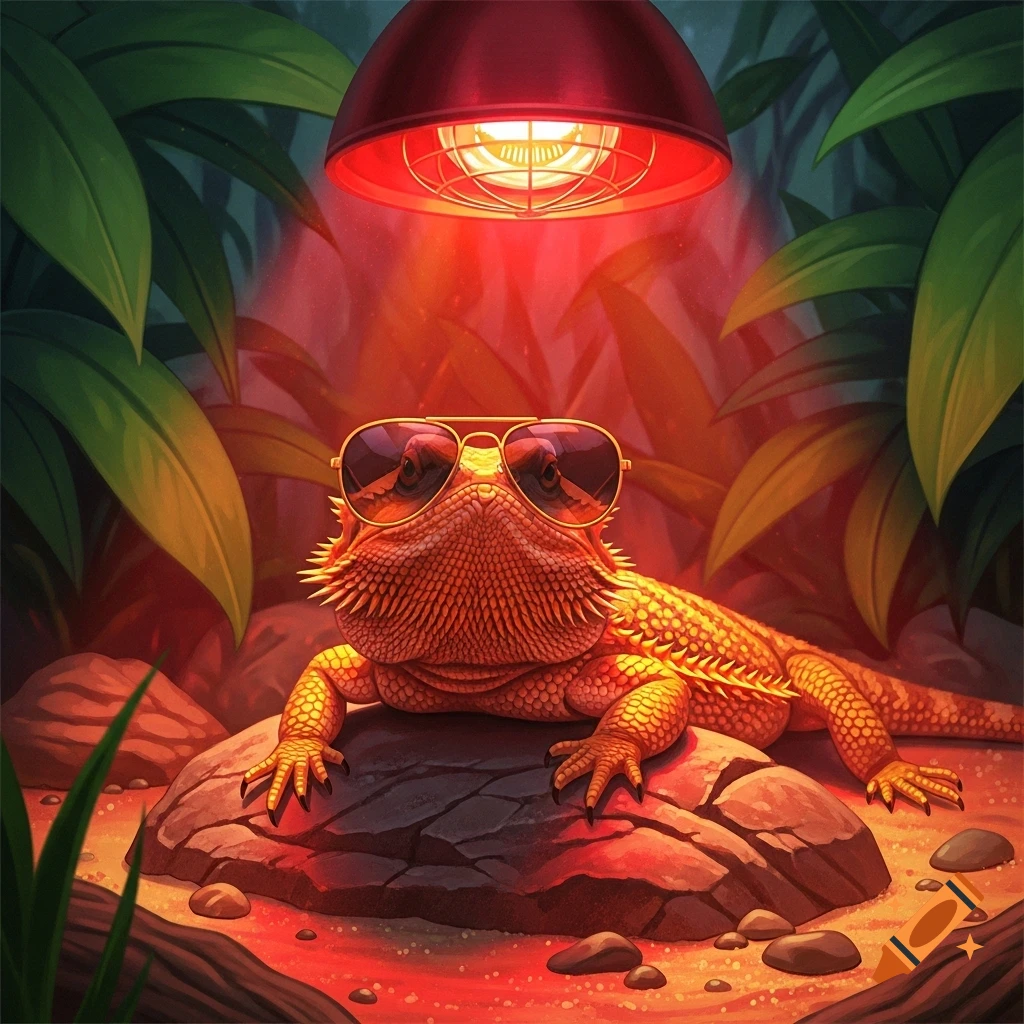 A cool bearded dragon wearing aviator sunglasses, lounging on a rock under a red heat lamp in a jungle-like setting.
